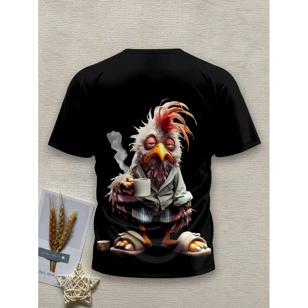 Men's 3D Printed Novelty T-Shirt - Whimsical Rooster in Clothing & Coffee Mug Graphic, Black Casual Round Neck Tee X260209