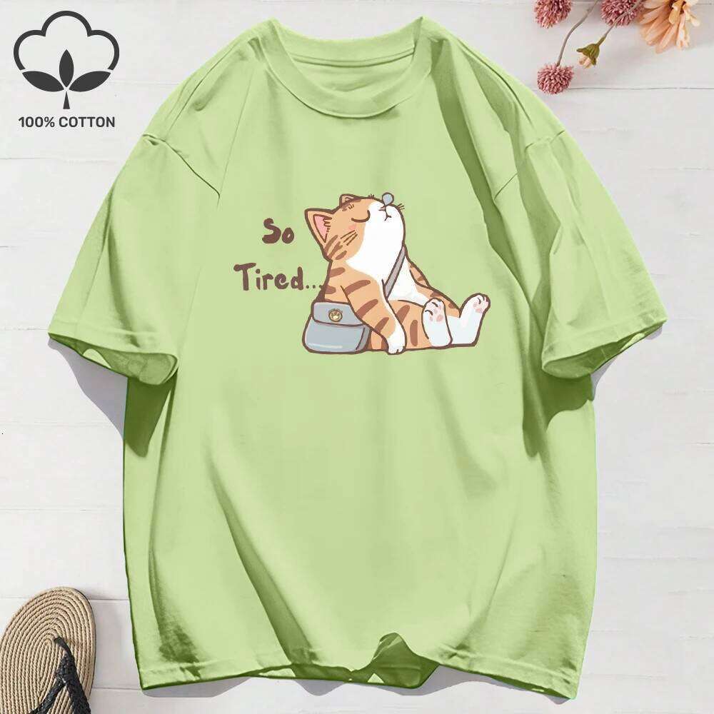 100% Cotton Womens T-Shirts Summer The Abstract Cat Is Too Tired Printing T Shirt Comfortable Soft O-Neck Tops Street Clothes X260209