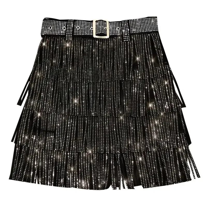 Women Skirt Fashion Autumn High Waist Belt Multi Layer Short Heavy Drilling Rhinestones Fringed with Cake A Line 260126
