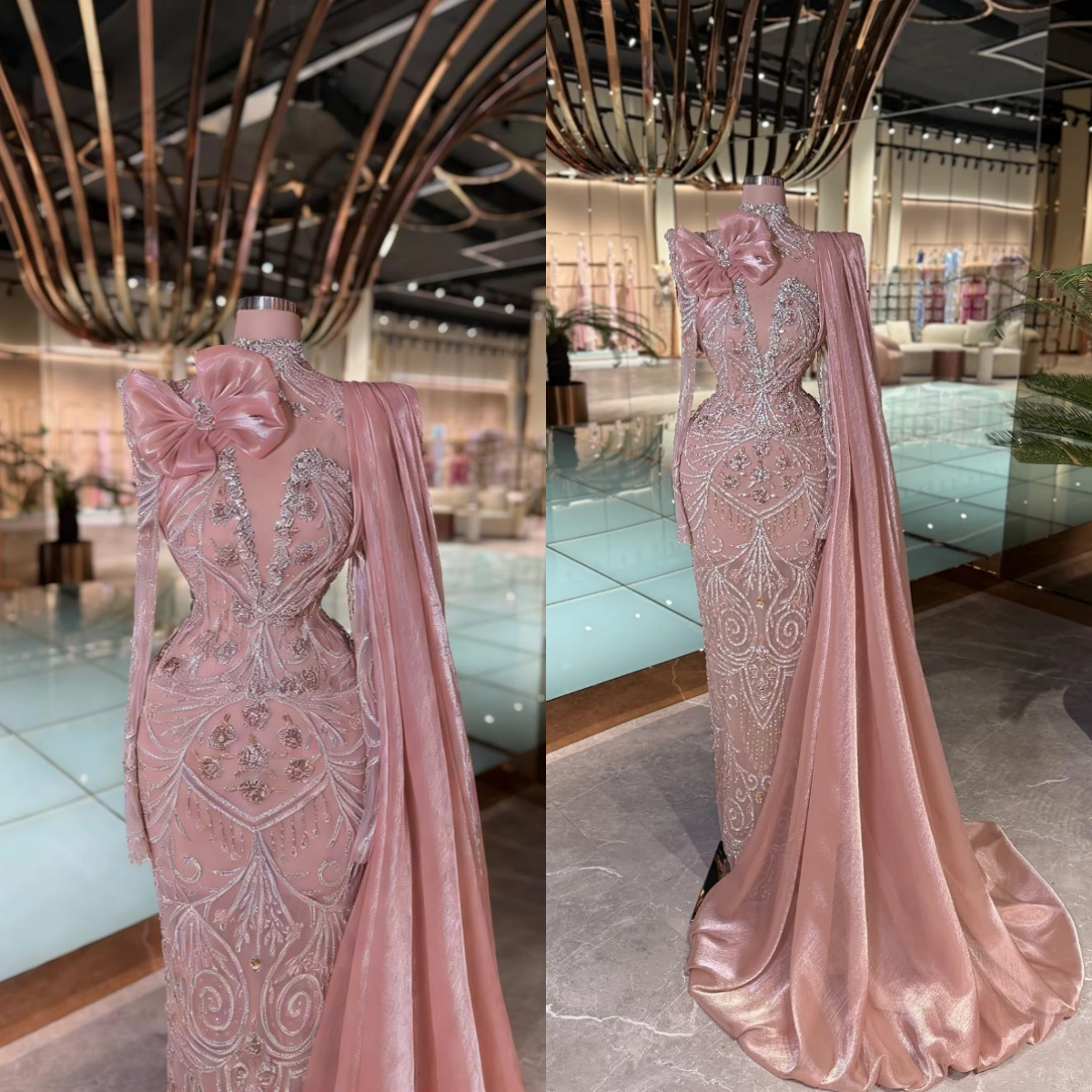 Princess Beaded Evening Dresses High Neck Long Sleeve Mermaid Prom Gowns Sequins Floor Length Celebrity Party Customized