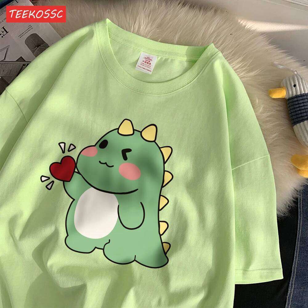 Trend Cotton Women'S T-Shirts Cute Little Dinosaur Confesses Love Printing Tee Shirts Soft Loose O-Neck Summer Female Clothes X260209