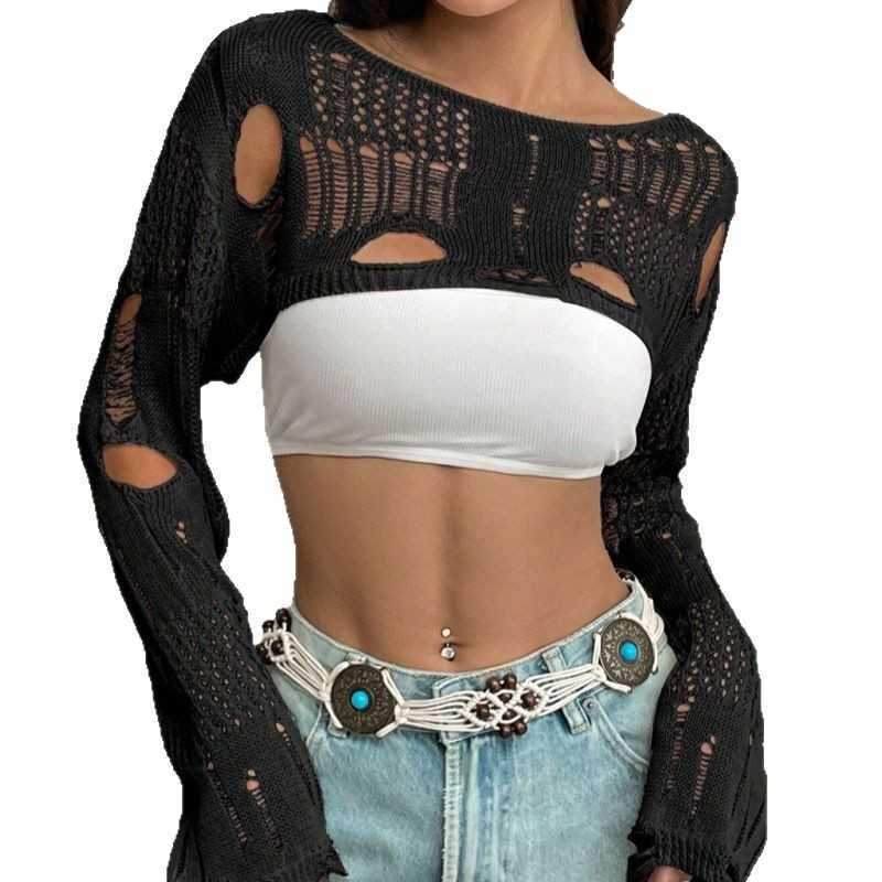 Spring/Summer New Arrivals Crochet Lace-Up, Openwork, Distressed-Effect Knit Oversized Short-Sleeve Sweater