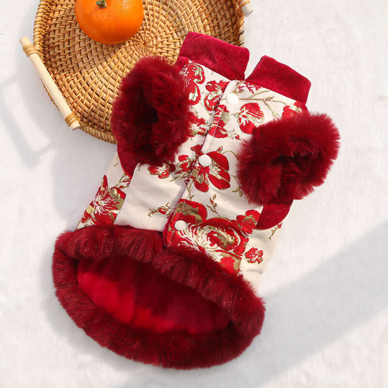 New Chinese Style Floral Prosperity Pet Fleece Dog Cat Autumn Winter Clothes Accessories Bichon Foreign Trade Wholesale