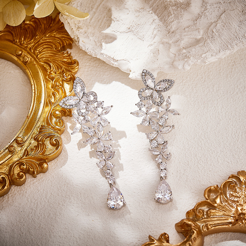 Earrings Delicate Butterfly Earrings, Gold-Plated, Pear-Shaped Pink Diamond Earrings, Exquisitely Crafted, Luxurious Elegant, Long Earrings