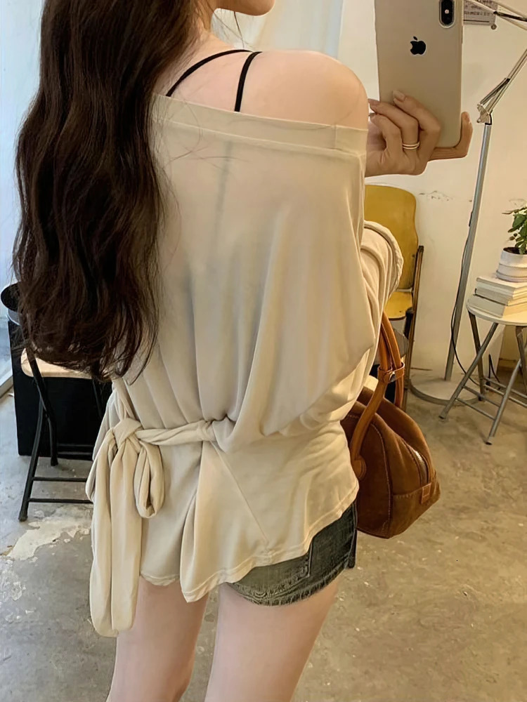 See Through Long sleeve Oversize T shirt Women Sexy Back Bandage Off shoulder Top Female Basic Long Tees Korean Chic Lady 260206
