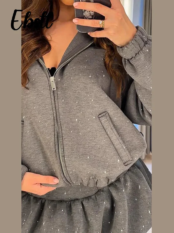 Rhinestone Zipper Hoodies Skirts Set Womens Casual Hooded Pockets Full Sleeve Sweatshirt Puffy Short Skirt 2026 Lady Outfit 260122