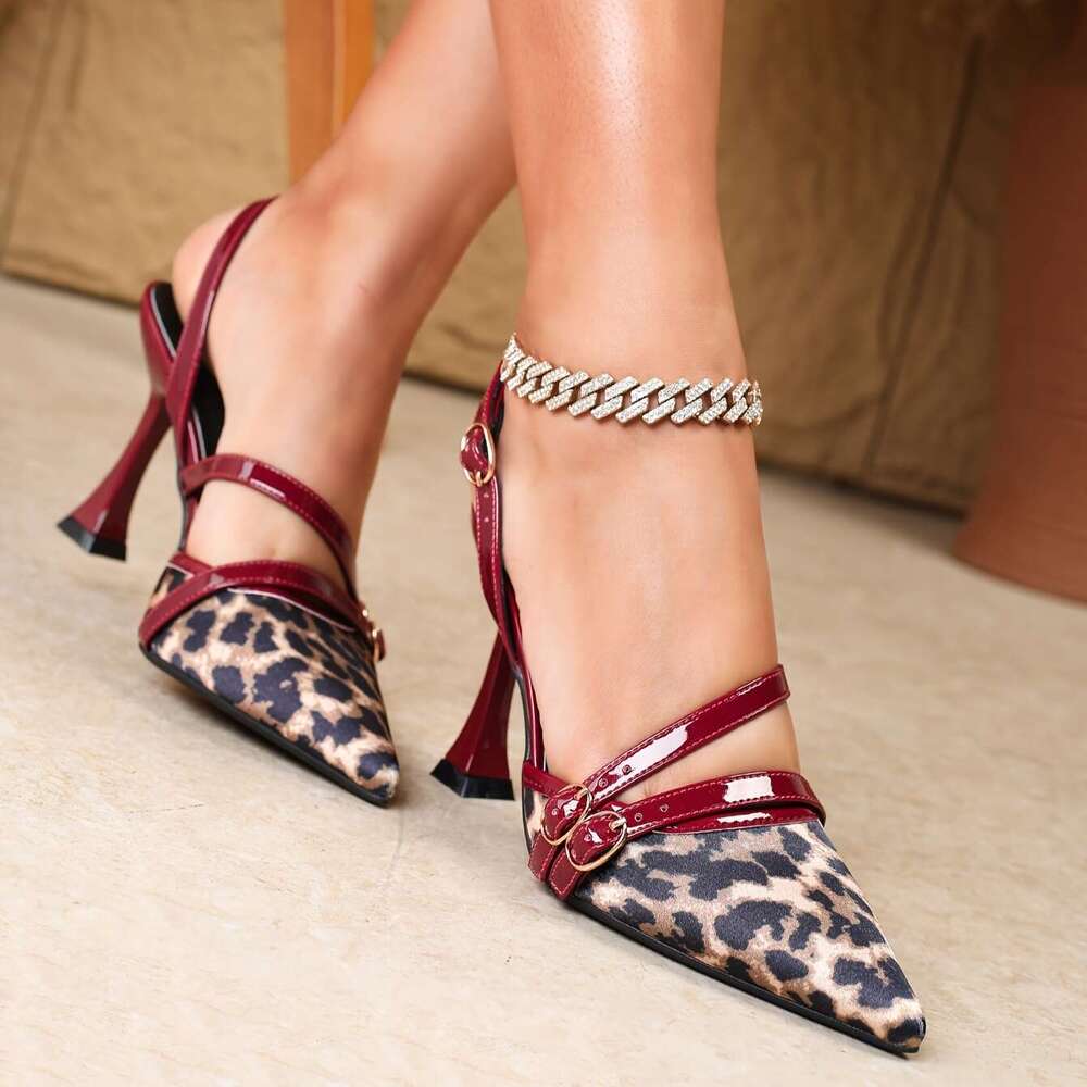Elegant Heels Elegant CM Pointed Toe High Heels With Wine Heel Featuring Back Strap Easy Wear Leopard Print Patchwork And A Burgundy Buckle Suitable F