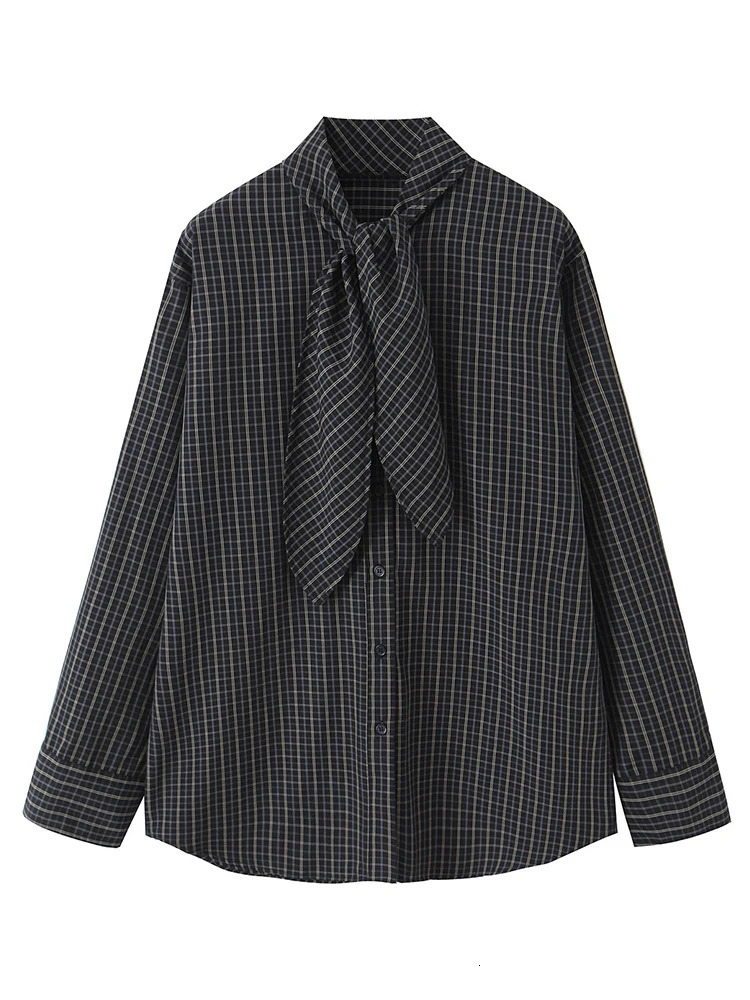 Women Vintage Oversized Shirt Long Sleeve Plaid Button Down Blouse 2026 Spring Autumn Scarf Collar Fashion Shirt Casual Style 260122