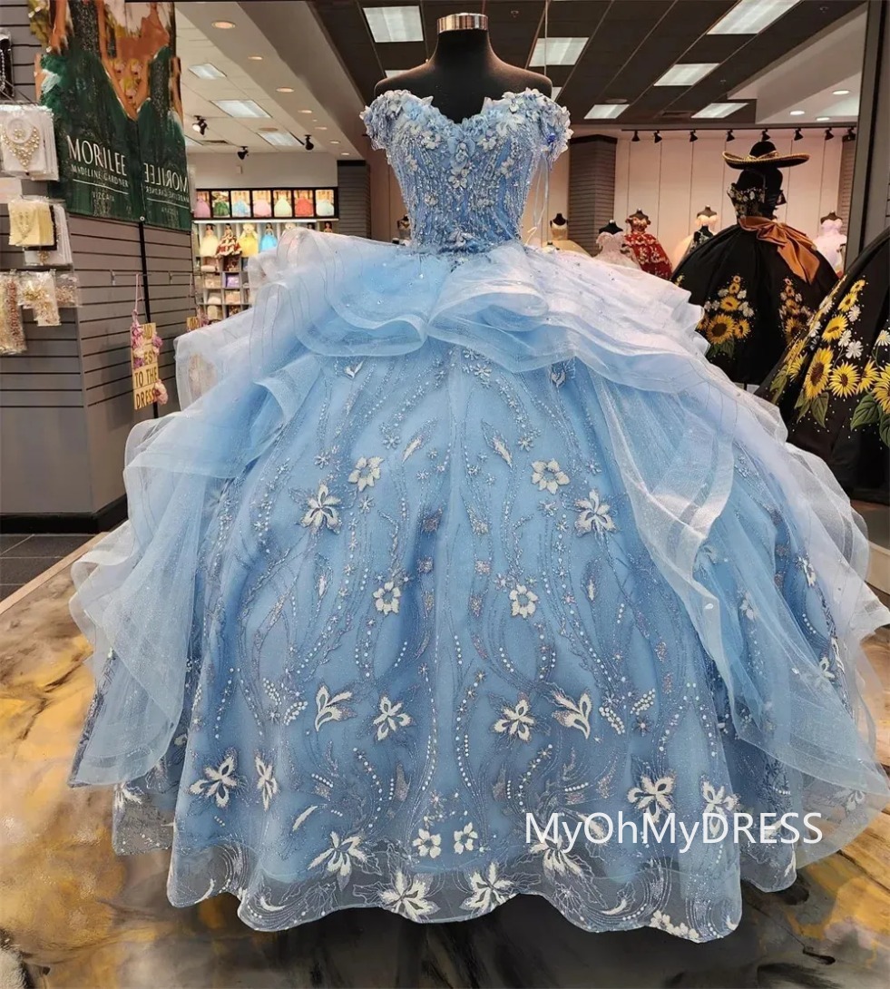 Baby Blue Ruffels 15 Dress Quinceanera Off the Shoulder Shinning Flowers Ball Gown Quince Dresses Princess robe de soiree mariee luxe 0209