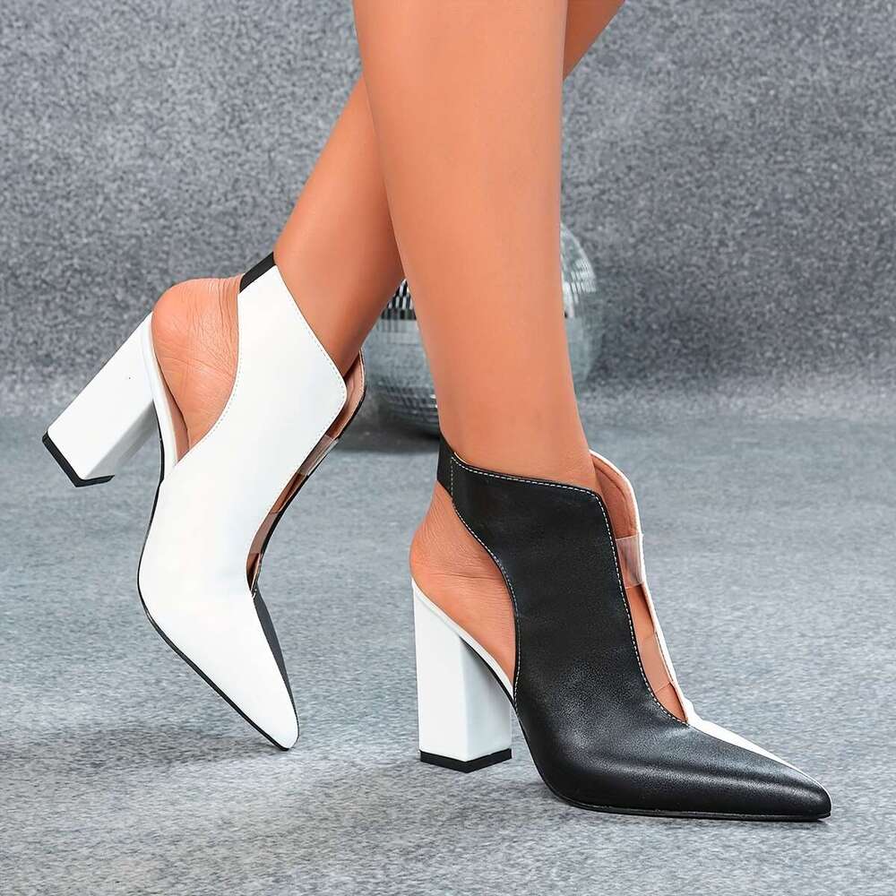 Thick Heeled Pointed High Heeled With Black White Matching And Empty Boots Summer Single Shoe Sandals Women Shoes MOJIDASHU