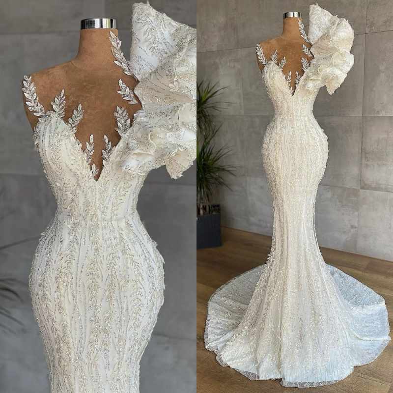 Fashion Mermaid Wedding Dresses For Women O Neck Sleeveless Bridal Gown 3D Appliques Sequins Lace Sweep Train Customized Dress