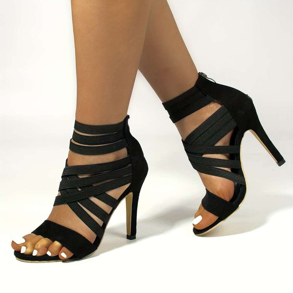 New Fashion Black High Heeled With Elastic Bands Featuring Hollow Designs A Inch Heel Perfect For Summer These Stylish Ankle Boots Are Versatile And C