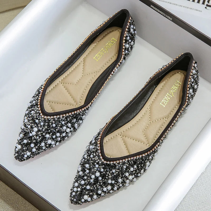 Green Sequin Beading Shoes Woman 2025 Spring Flats OL Ladies Office Work Ballets Pointed Toe Crystal Loafers Female Ballerines 260124
