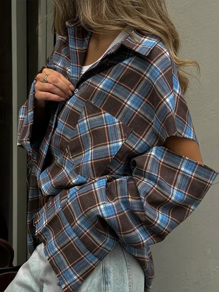 Women Checkered Pattern Shirt Vintage Lapel Long Sleeve Single Breasted Pocket Loose Top 2025 Lady Daily High Street Blouse 260122