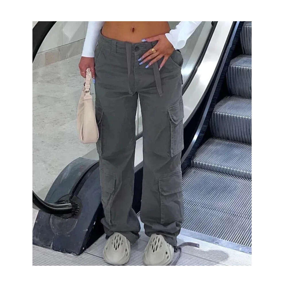 Summer Womens Vintage Grey Cargo Pants High Waist Wide Leg Jeans Baggy Casual Fashion Multiple Pockets Mom Hip Hop Street Style 0807 H260209