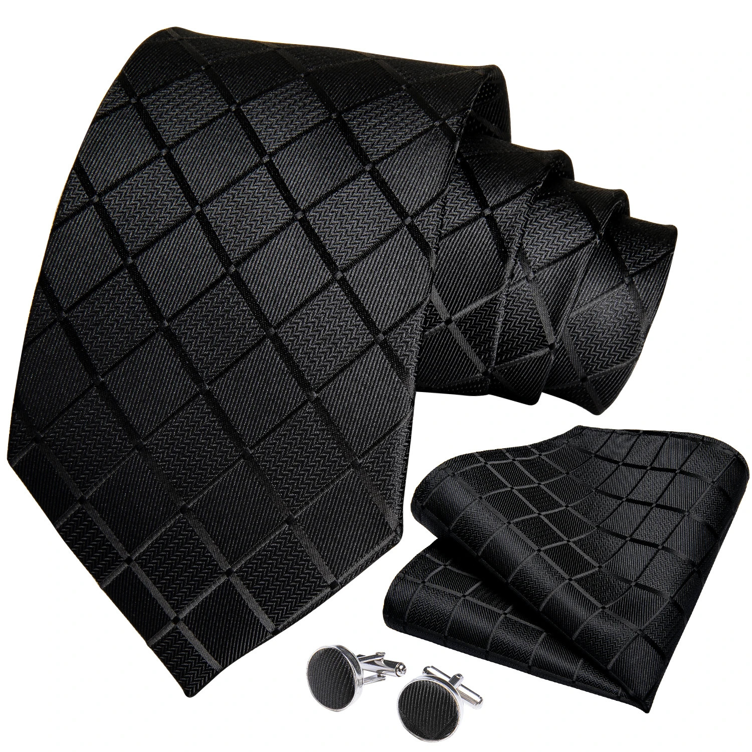 DiBanGu Business Plaid Black Solid Elegant Silk Ties for Men Tie Buckle Handkerchief Cufflinks Wedding Accessory 260208