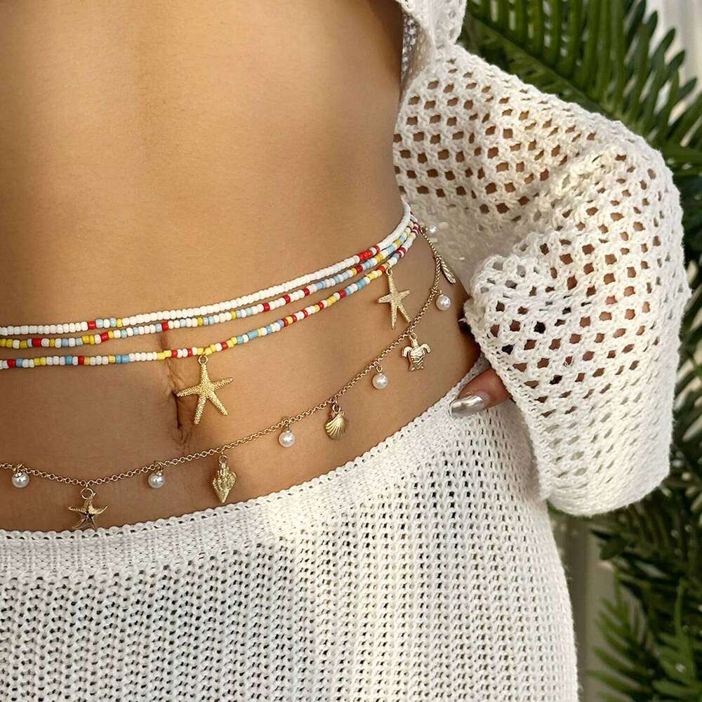 Minimalist Starfish Shell Conch Pendant Waist for Women Charm Sexy Beach Bikini Imitation Pearl Belly Chain Jewelry X260209