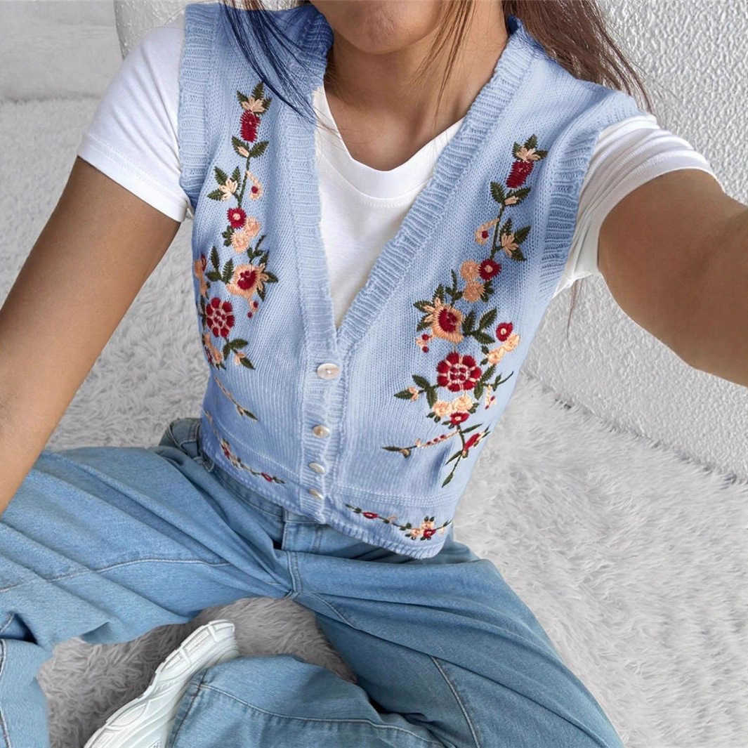 New Arrivals Versatile Embroidered Knit Sweater Vest for Women