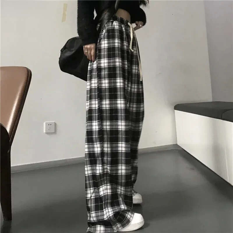 Fashion Oversized Drawstring Baggy Pants Women Black Plaid High Waist Unisex Hip Hop Pant Casual Loose Sweatpants Chic Trousers 122 H260209