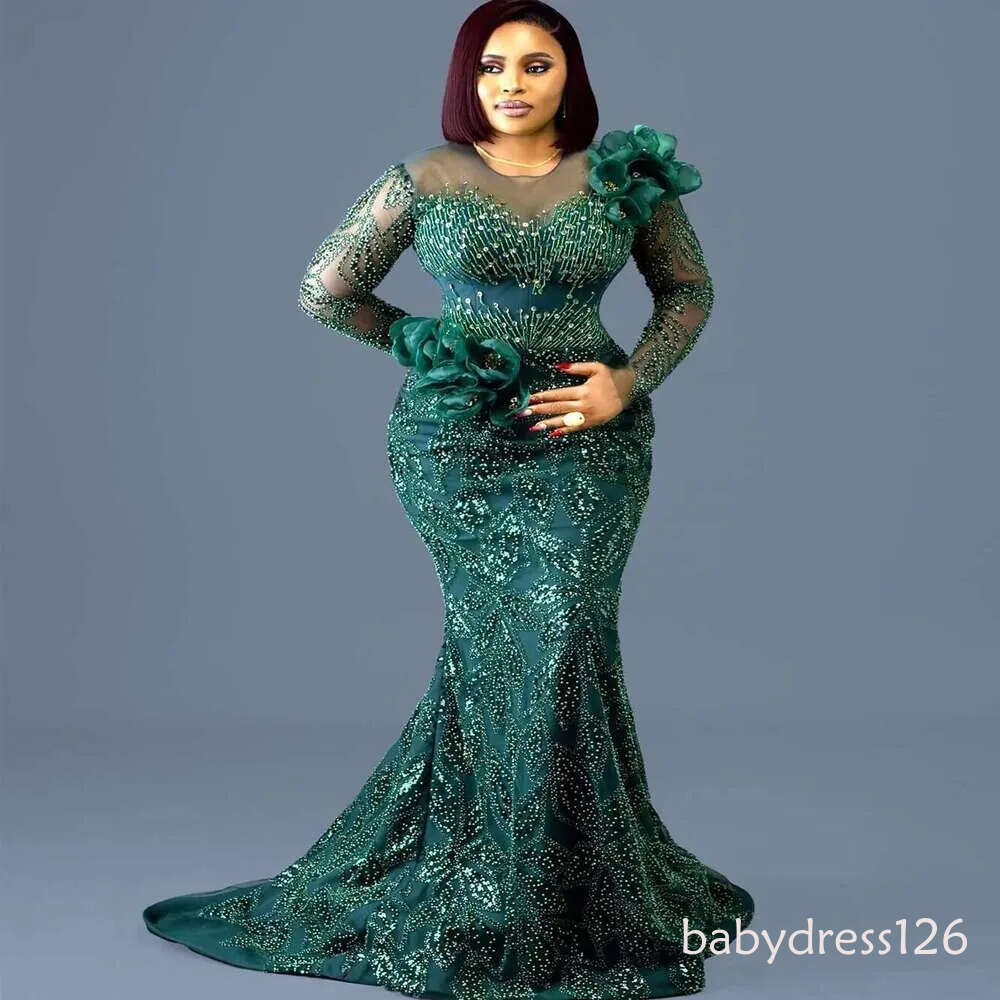 Plus size dark green mermaid full lace prom dress res beaded formal night party sea reception anniversary engagement
