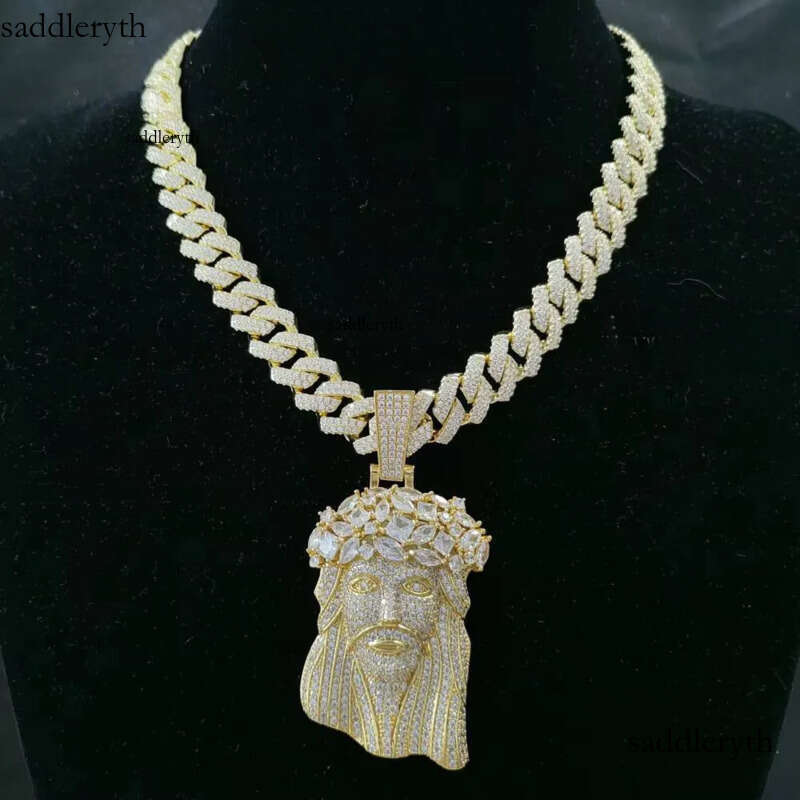 Iced Out Big Size Gold Plated Brass 5A CZ Dia Jesus Head Pendant Necklace With 13mm Cuban Link Chain for Men 4d