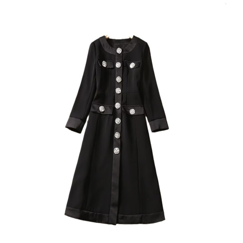 early spring new patchwork black trench coat with rhinestone buttons hidden buttons slim fit long style elegant womens top