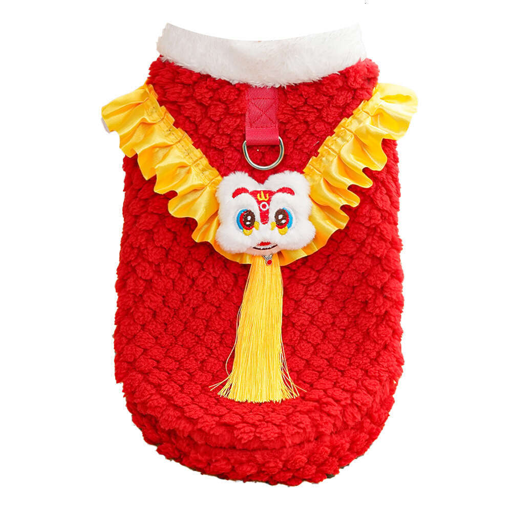 New Year Chinese Style Lion Dance Fleece-Lined Warm Pet Clothes Teddy Plush Tang Suit Dog Supplies Cat Outfit