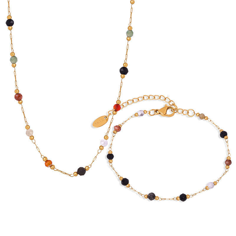 Minimalist Bohemian Beaded Necklace & Bracelet Set: Fashion Niche Personality Versatile Geometric Mix and Match Natural Stone Design Titanium Steel Je