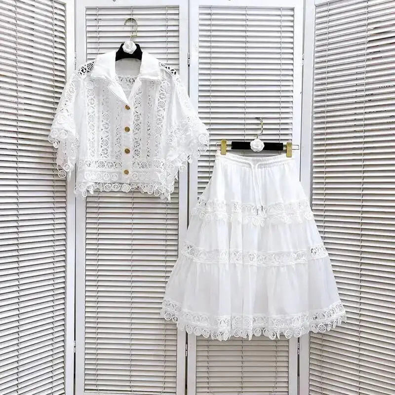 Hollow Out Dress Two Piece Set Womens Summer Holiday Embroidered Lace Jackets White Tops Pleated Short Skirts Suits 260208