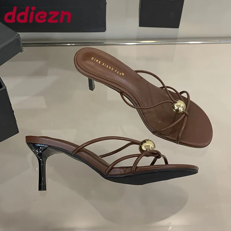 Thin Heels Footwear Slippers Slides Shoes For Women Metal Fashion Round Toe Ladies High Female Sandals 2025 260208