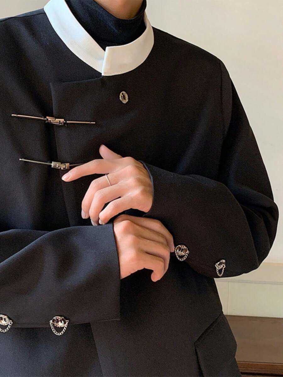 Autumn New Chinese Style Stand Up Collar Small Suit For Men With A Niche Contrasting Color Design And A Retro And Stylish Shoulder Padded Suit Jacket 