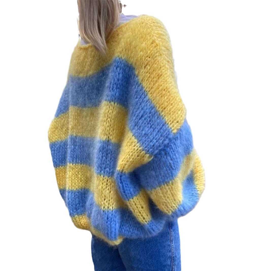 Fall/Winter New Arrival Crew Neck Pullover Sweater Loose-Fit Gradient Striped Contrast Color Top
