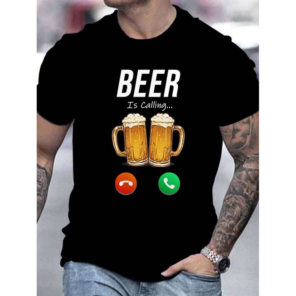 Men's Funny Beer Pattern T-Shirt Breathable Polyester Crew Neck Short Sleeve Perfect for Summer Parties T-shirt X260209