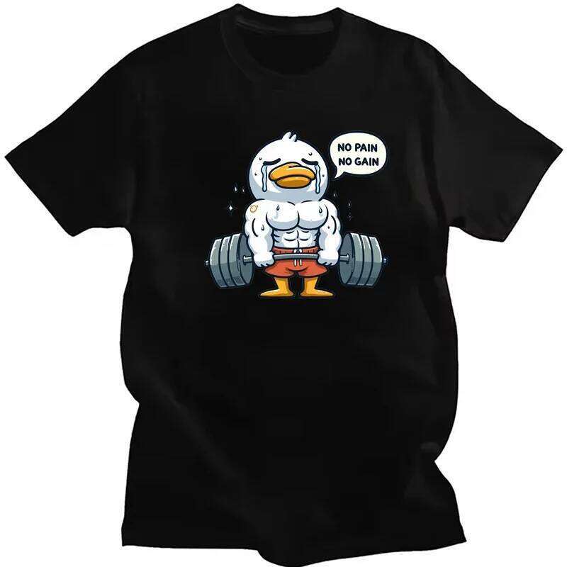 Cartoon Duck Weightlifting Pattern Printed Summer Men Casual Loose Neutral Fashion Y2k O-Neck Short Sleeve Top T Shirt X260209