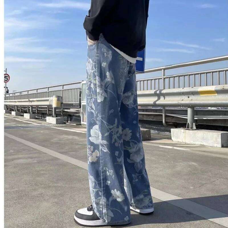 Printed Jeans 2025 Spring Korean Style Mens New Floral Denim Pant High Street Loose Straight Couples Trousers baggy hosen herren