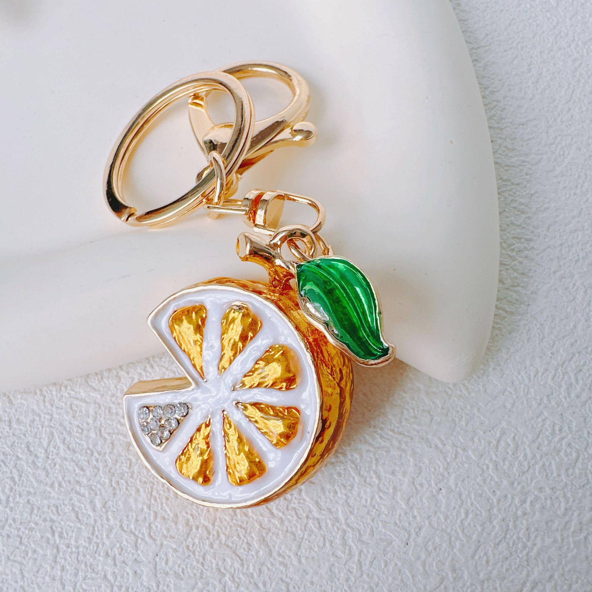 Creative Cute Alloy Rhinestone Oil Drop Simulation Fruit Lemon Keychain Car Bag Pendant Supermarket Gift
