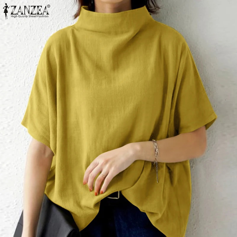 ZANZEA Causal Pure Cotton Blouse Summer Women Solid Turtleneck Short Sleeve Back Zipper Blusas Elegant Holiday Tops Oversized 260207