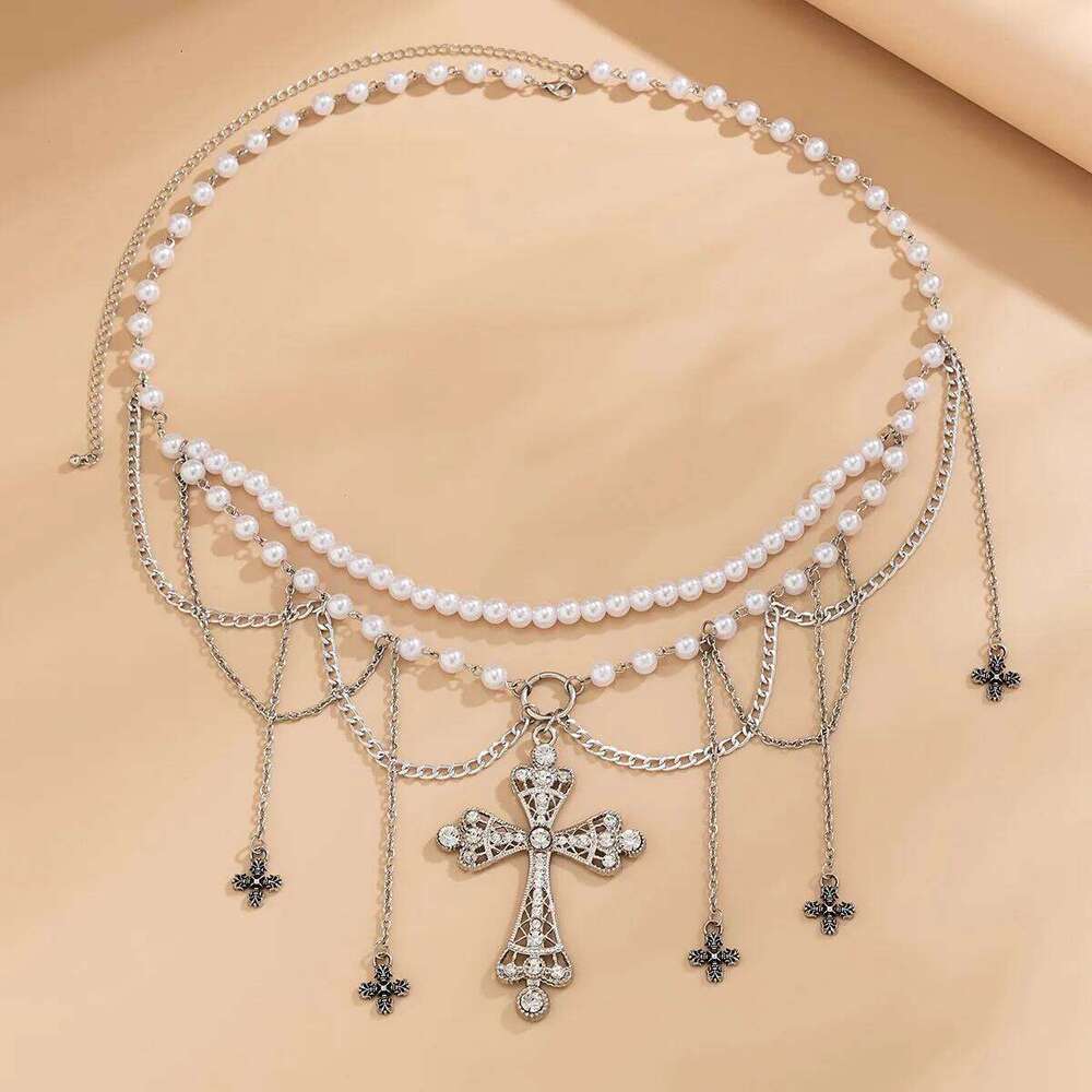 European and American Style Personalized Metal Cross Tassel Waist Women's Fashion Double Layer Imitation Pearl Body Chain X260209