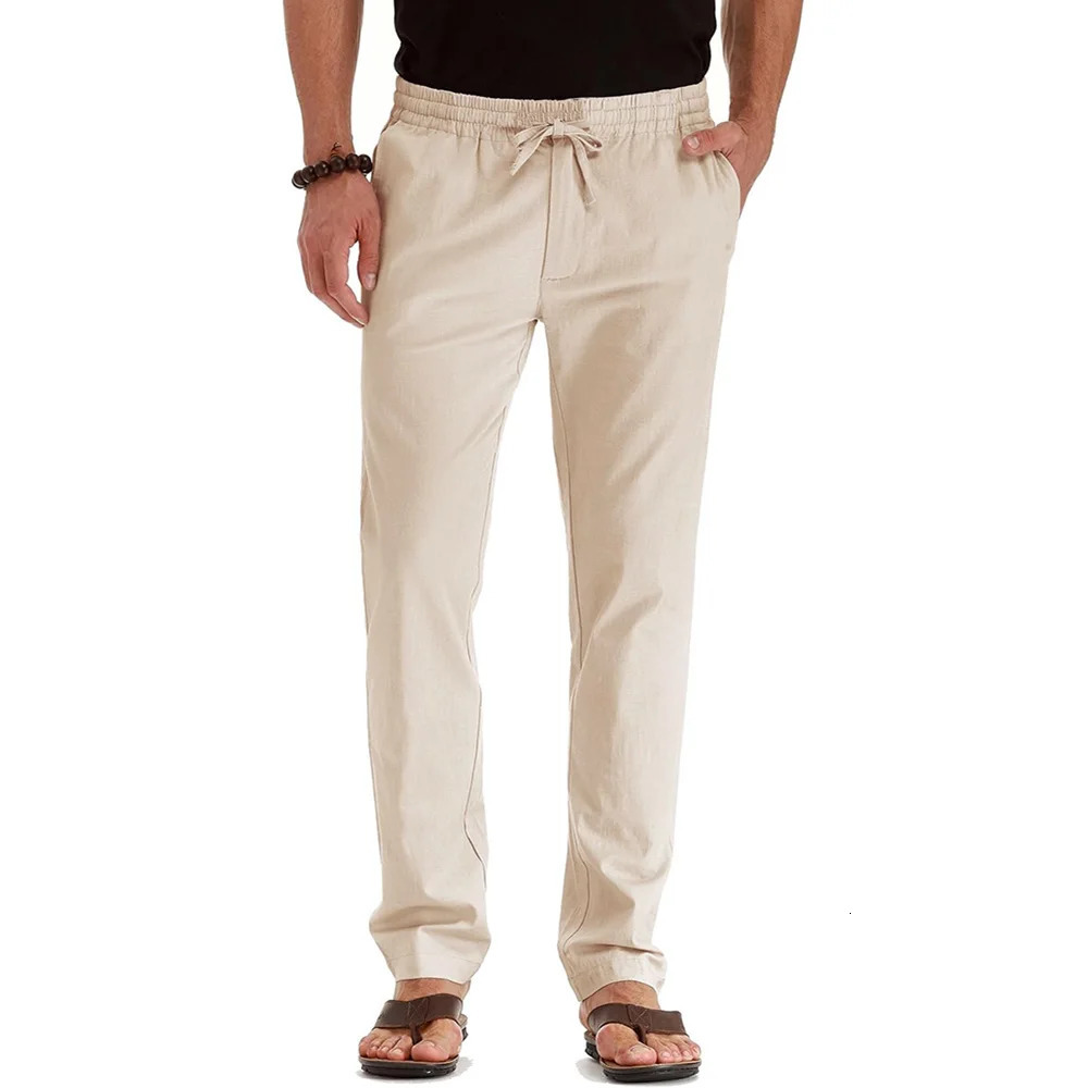 Mens Spring Summer Cotton Linen Long Pants Vacation Hawaii Casual Trouser Straight Leg Lightweight Sweatpants 260122