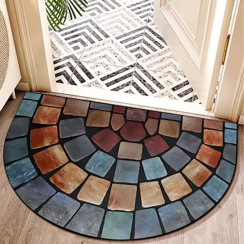 Semi-circular entrance door mat dirt-resistant and water-absorbent foot mat Bohemian style crystal velvet floor mat S260207