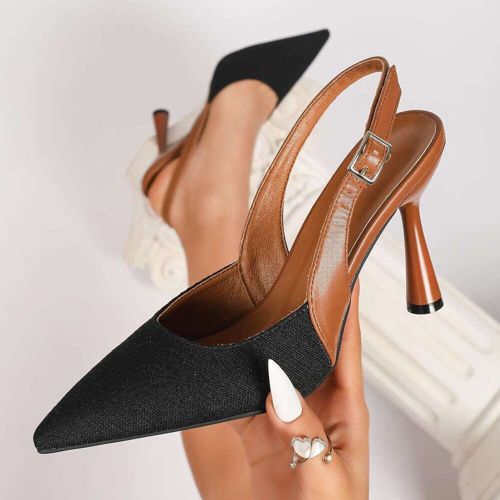 Women S Pointed Toe Slingback Pumps With Adjustable Buckle Soft Leather Solid Color Sandals 2026 Summer New Style with Baotou Fashion