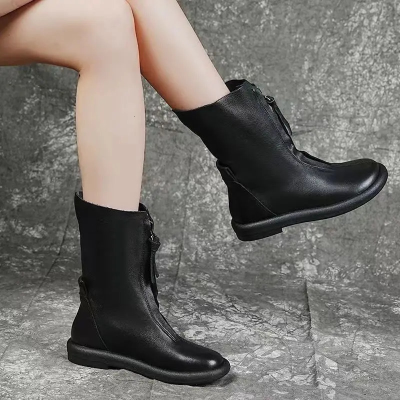 Autumn Winter Round Toe Flat FleeceLined Black Leather Ladies Mid Calf Shoes Fashion 2025 Trend Womens Half High Boots 260208