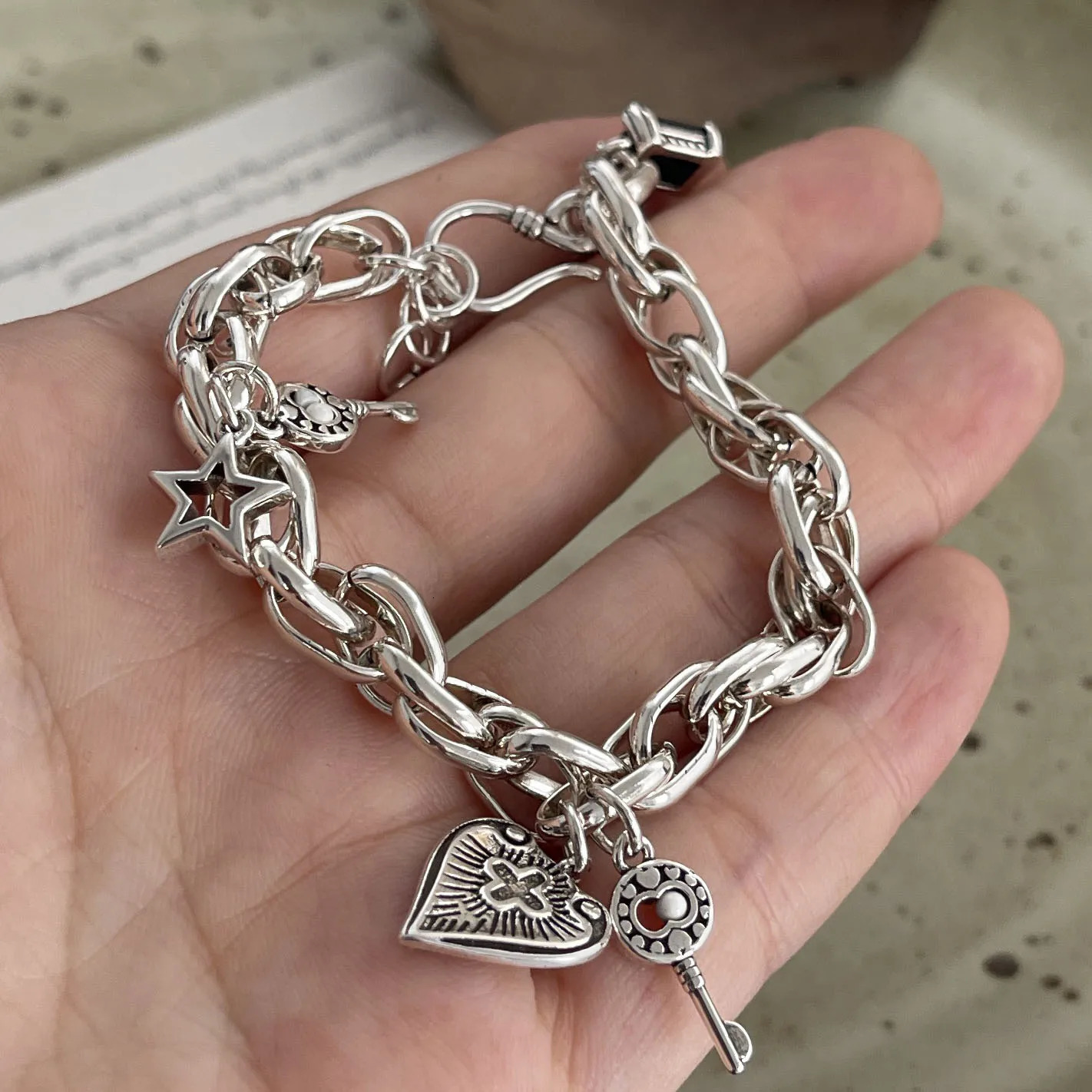 925 Sterling Silver Bracelets for Women Men String Accessories Trend Vintage Heart Cross Shape Pendant Party Jewelry Gift 260128