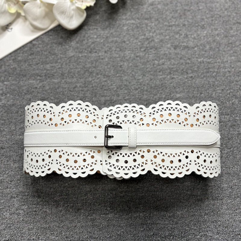 Cut out carved leather waist closure pin buckle leather wide belt dress waist geometric decoration silver buckle wide belt 241216