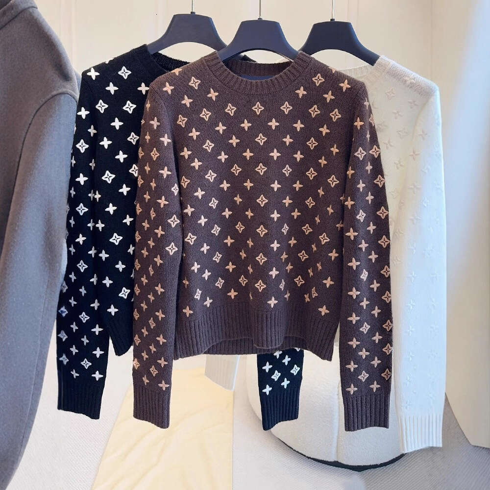 Women's Fashion White tops Jacquard Wool Sweater Letter combination pullover sweater, black knit sweater