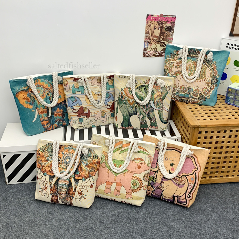 2026 Luxury Ethnic Embroidery Women's Canvas Handbag New Fashion Cartoon Hemp Rope Golden Thread Tote Shoulder Bag Large Capacity Leisure Shoppin
