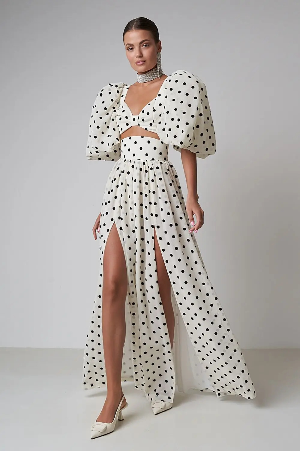 High Quatlity 2 Piece Women Dress Set Vneck Puff Sleeve Short Tops And Split Waist Long Skirt 250203