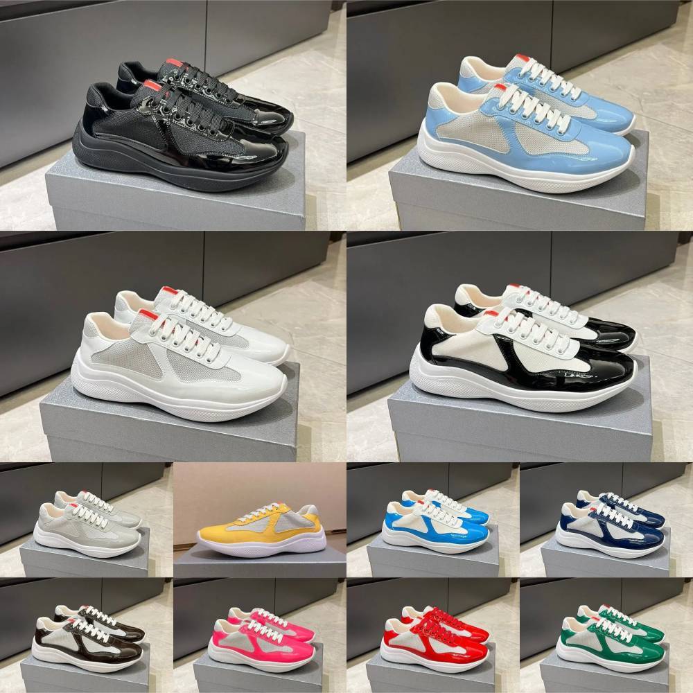 Designer Americas Cup Luxury Casual Shoes Trainers Patent Leather And Technical Fabric Runner Flat Men Women Sneakers Black White Blue Red Brand Outdoor Sports Shoe