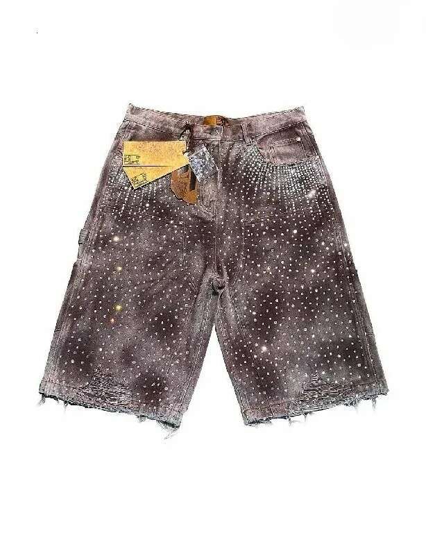 Mens Baggy Denim Shorts High Waist Street wear Jeans with Rhinestones and Sequins Casual American Hip Hop Gym Style