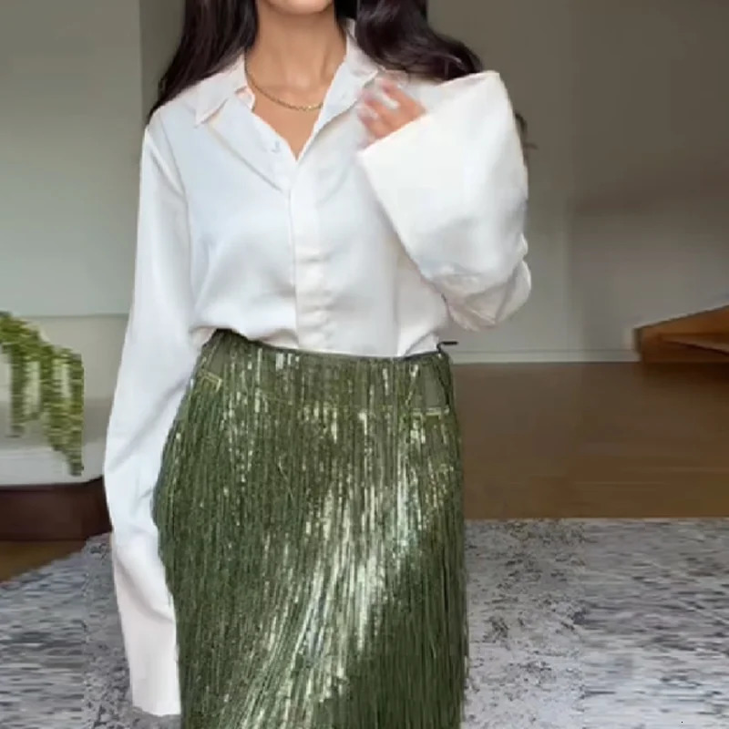 Women Chic Shiny Green Tassel Skirt High Waist Slim Fit Long Straight Tube Dress 2026 Outfits Commuting Club Party Clothing 260122